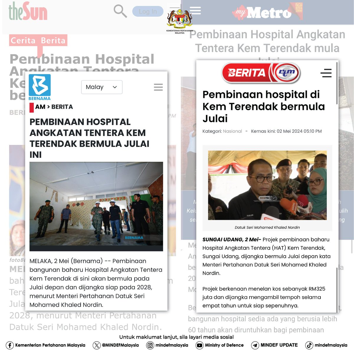 Pembinaan bangunan baharu Hospital Angkatan Tentera Kem Terendak di sini akan bermula pada Julai depan dan dijangka siap pada 2028, menurut Menteri Pertahanan YB Datuk Seri Mohamed Khaled Nordin.