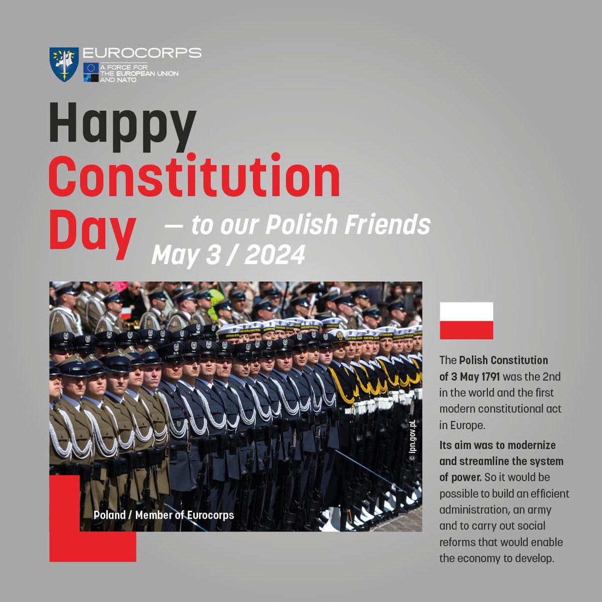 🇵🇱 Happy #ConstitutionDay to our Framework Nation, #Poland! 🇵🇱 #Konstytucja3Maja #UnitedForEurocorps