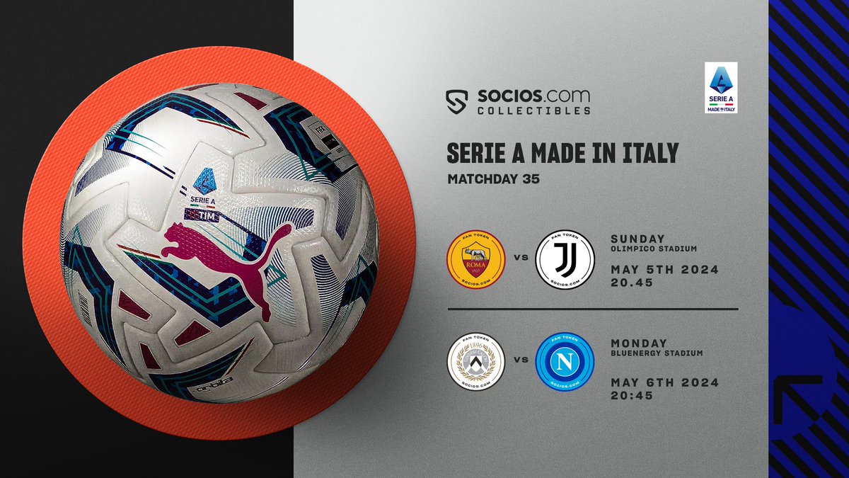🔥 May is on fire with 2 Socios Derbies! 💥 The classic @OfficialASRoma v @juventusfc & @Udinese_1986 v @sscnapoli. ⚽ Which Game-Scored ball of @SerieA_EN you will place on your shelf? ➡️ bit.ly/SociosHub #SociosCollectibles #RewardYourPassion