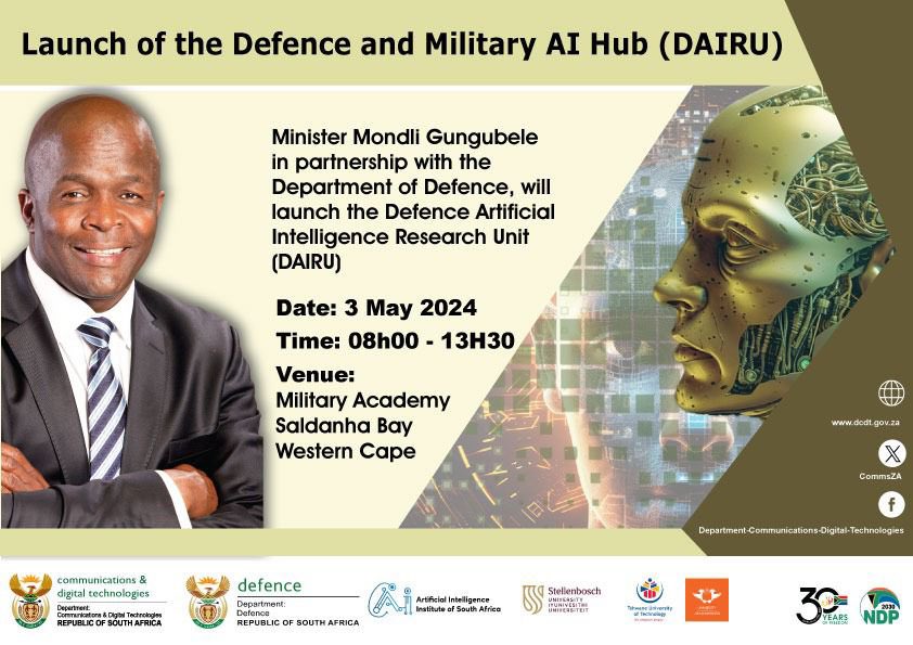 @CommsZA Minister @MondliGungubel_ is this morning launching the Defence and Military Artificial Intelligence (AI) Hub at the Military Academy in Saldana Bay, WC.

@SANDF_ZA 

#SAAI 
#AIinDefence 
#DAIRUHubLaunch 
#FutureOfDefence 
#SATechForDefence