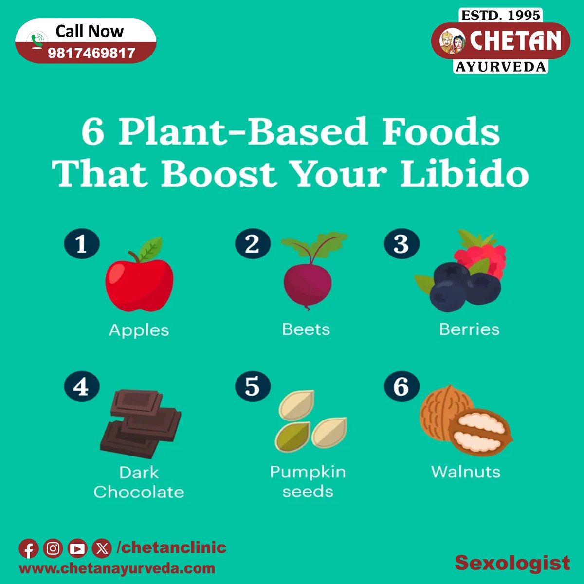 '6 Plant-Based foods that Boost Your Libido.
WhatsApp No 098174 69817
जागरूक रहें, स्वस्थ रहें, मुस्कुराते रहें !!
#chetanclinic #Benefits #sexologist
#sexeducation #sextips