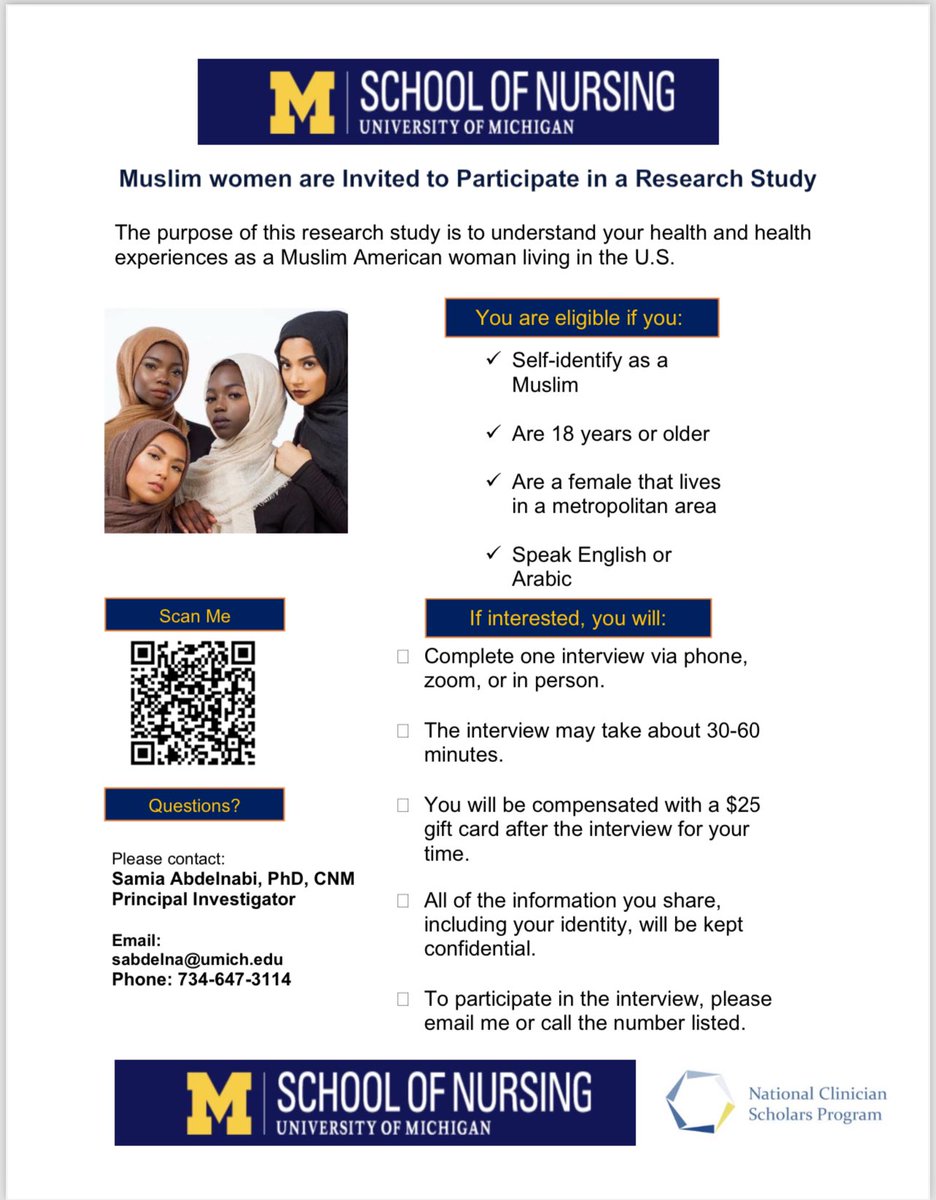 Please share. Looking to recruit Muslim American women. #muslim #islam #ReproductiveRights #women #education @ncspMICHIGAN @UM_IHPI @UMichNursing @MichiganACNM