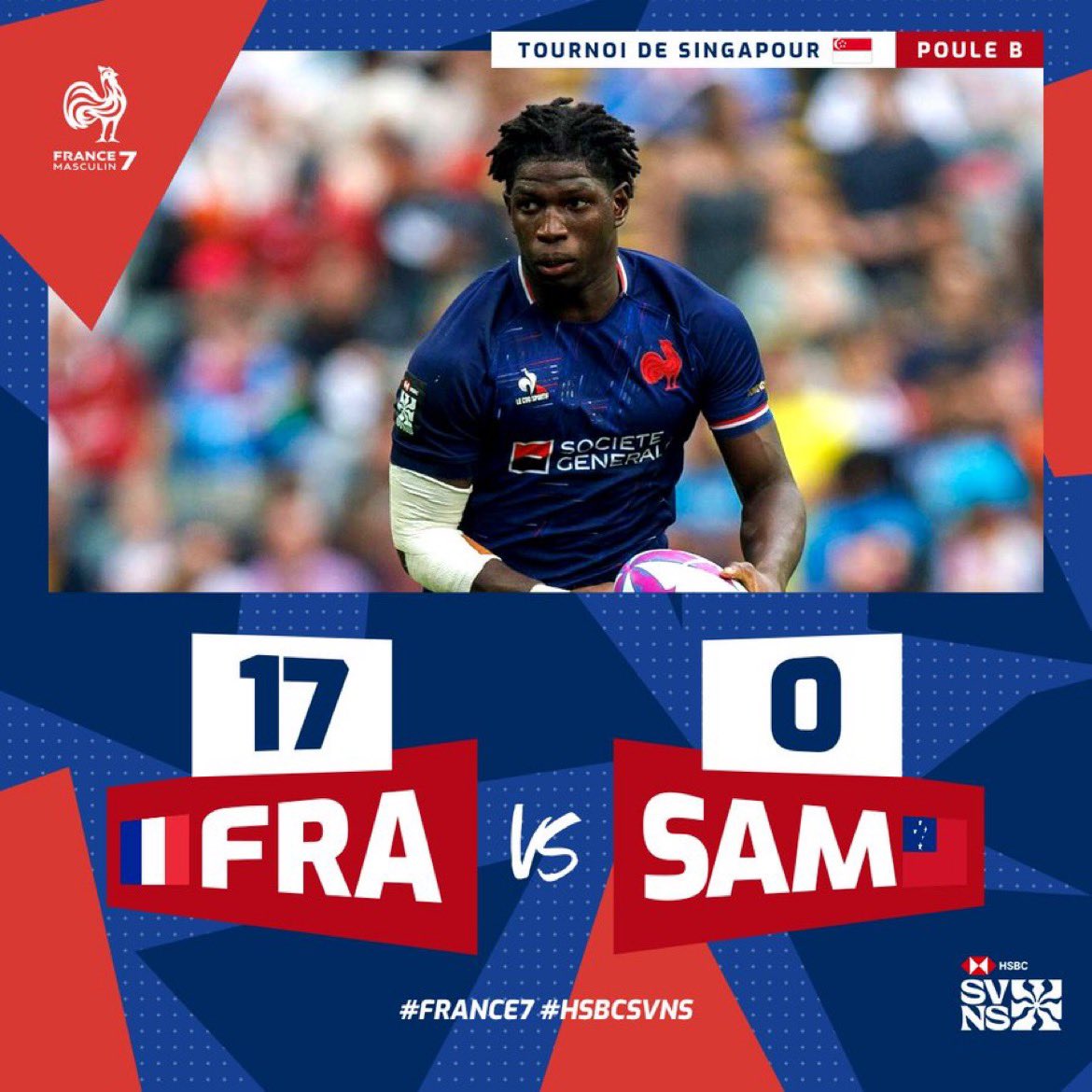 🇫🇷🇼🇸 Ça commence bien à Singapour pour nos garçons avec une première victoire contre les Samoa !

🔜 Deuxième et dernier match aujourd'hui pour eux à 13h50 contre 🇪🇸 l'Espagne sur rugbypass.tv !

#France7 #HSBCSVNSSGP | @SVNSSeries