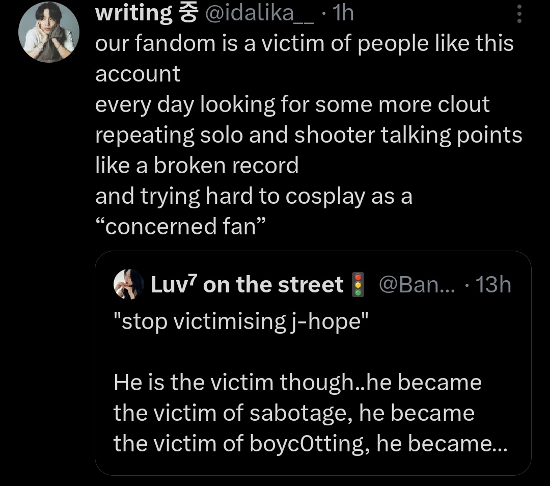 'our Fandom is a victim of people like this account' Bhenchod mein tumhare ghar aagayi thi kya uthaane? boyc0tters should shvt up, y'all are the ones who treated hobi like your enemy.