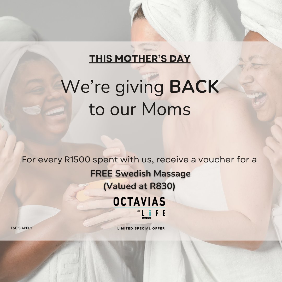 Life Day Spa May Mother’s Day Promotion For every R1500 spent with us, you will receive 1 (one) complimentary Swedish Massage voucher to be used on your next visit to the spa or gifted to someone else. Ts and Cs apply | Valid from 01 May 2024 – 31 May 2024 #EmperorsPalace