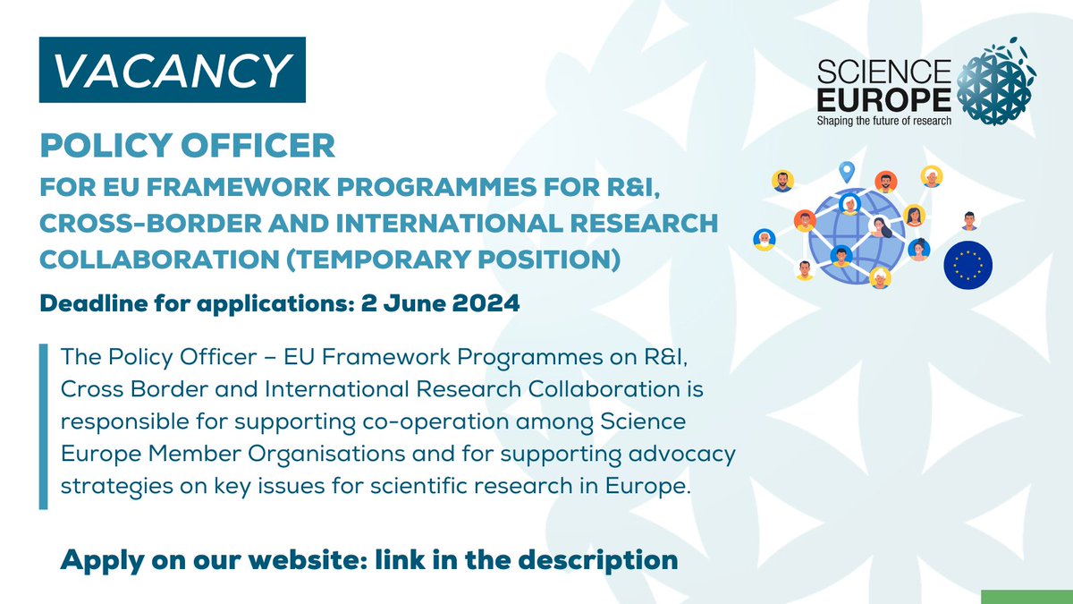 🔎 Science Europe is looking for a Policy Officer for EU Framework Programmes for R&I, Cross-border and International Research Collaboration for a temporary 1-year full-time contract. Application deadline: 2 June 2024 🔗scieur.org/vacancies