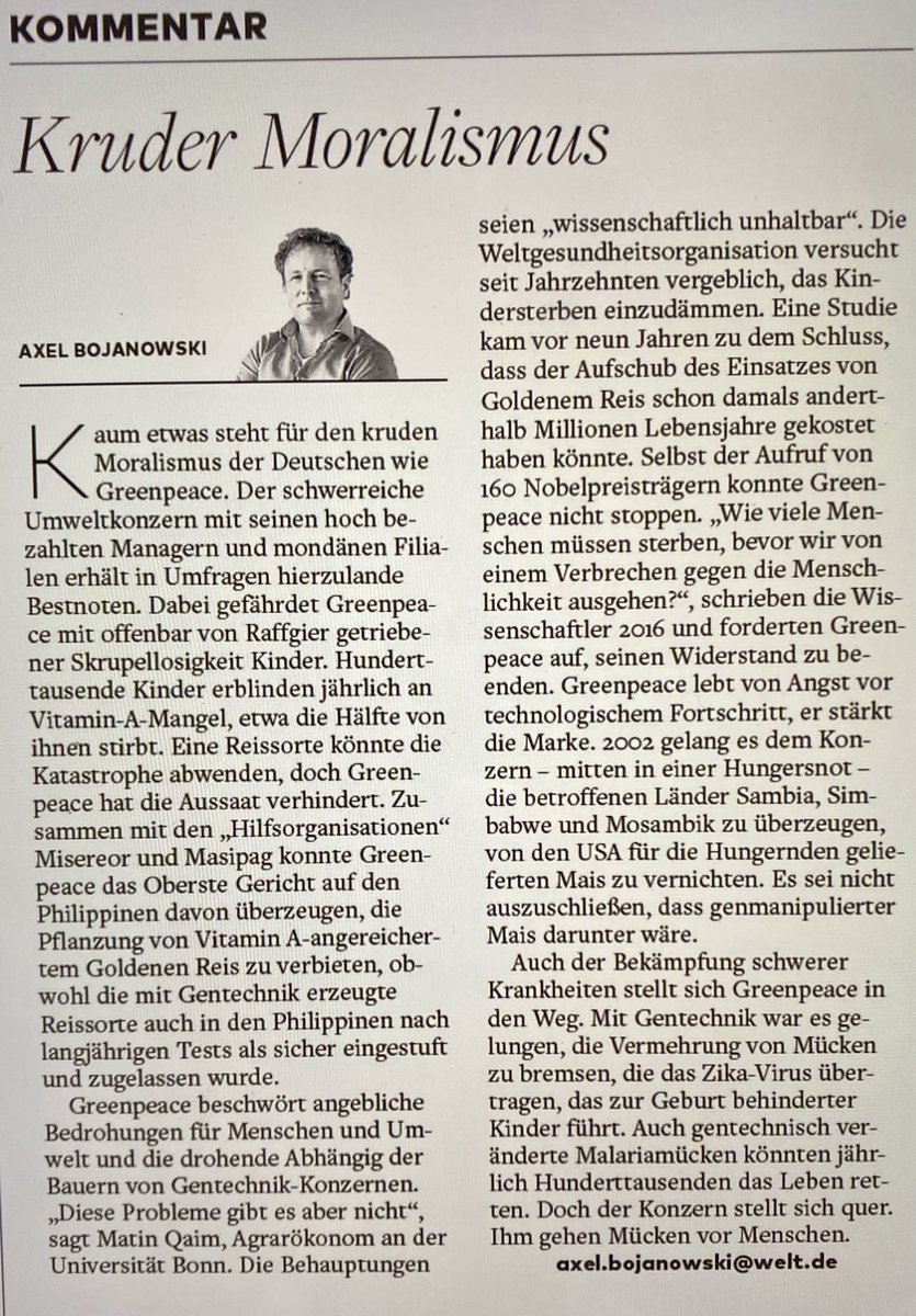 Lesenswert ⁦@Axel_Bojanowski⁩ @welt: Der krude Moralismus von #Greenpeace welt.de/debatte/kommen…