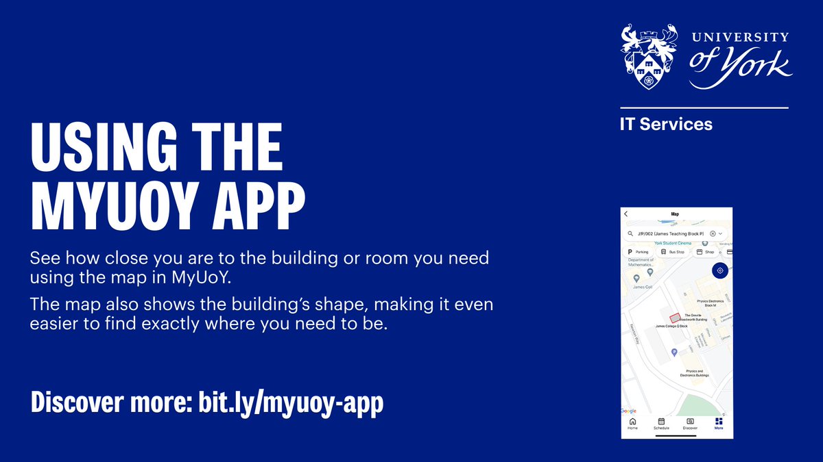 Find where you’re heading for using the MyUoY app 📱 See how close you are to the building or room you need using the map in MyUoY. The map also displays the building’s shape, making it even easier to find exactly where you need to be. Download now: bit.ly/myuoy-app