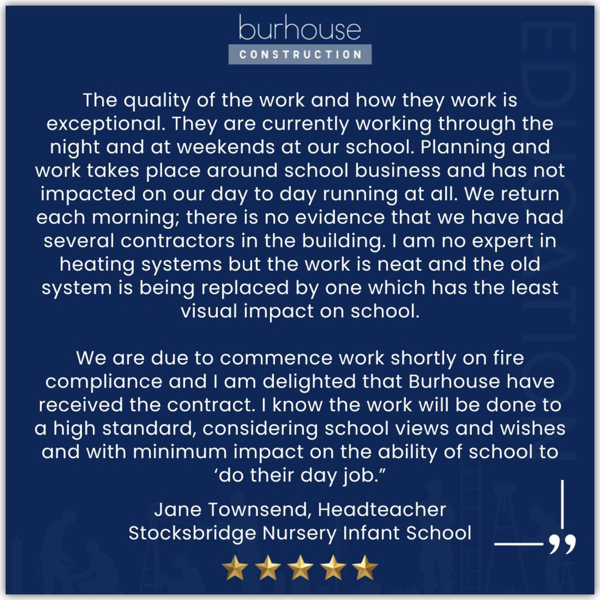 Thrilled to receive this glowing feedback from an ongoing project within a school  ⭐️⭐️⭐️⭐️⭐️

#burhouseconstruction #constructionwithaconscience 
#constructioncompany
#commercialconstruction
#renovationideas
#modernarchitecture #doncasterisgreat #yorkshire #midlands