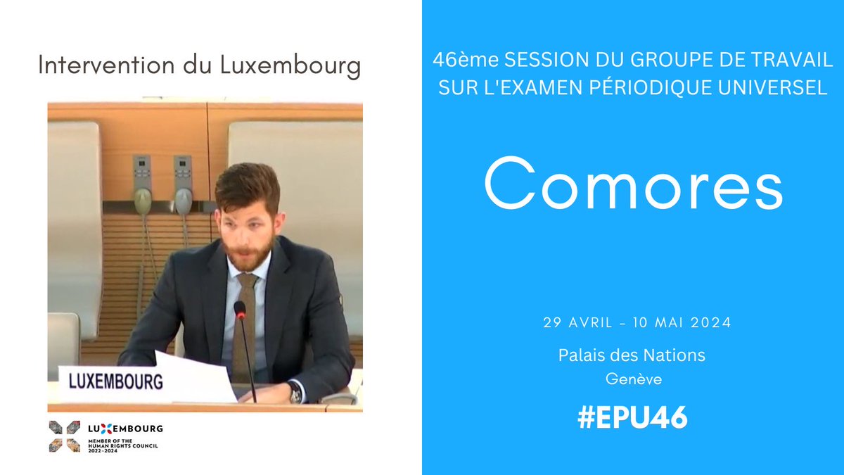 Les recommandations du #Luxembourg🇱🇺 aux Comores🇰🇲 #UPR46 : 1️⃣Réformer le système judiciaire pour garantir la jouissance des #droitshumains à tous 2️⃣Libérer les prisonniers politiques 3️⃣Abolir la peine de mort 4️⃣Abroger les lois ciblant les personnes LGBTQ+