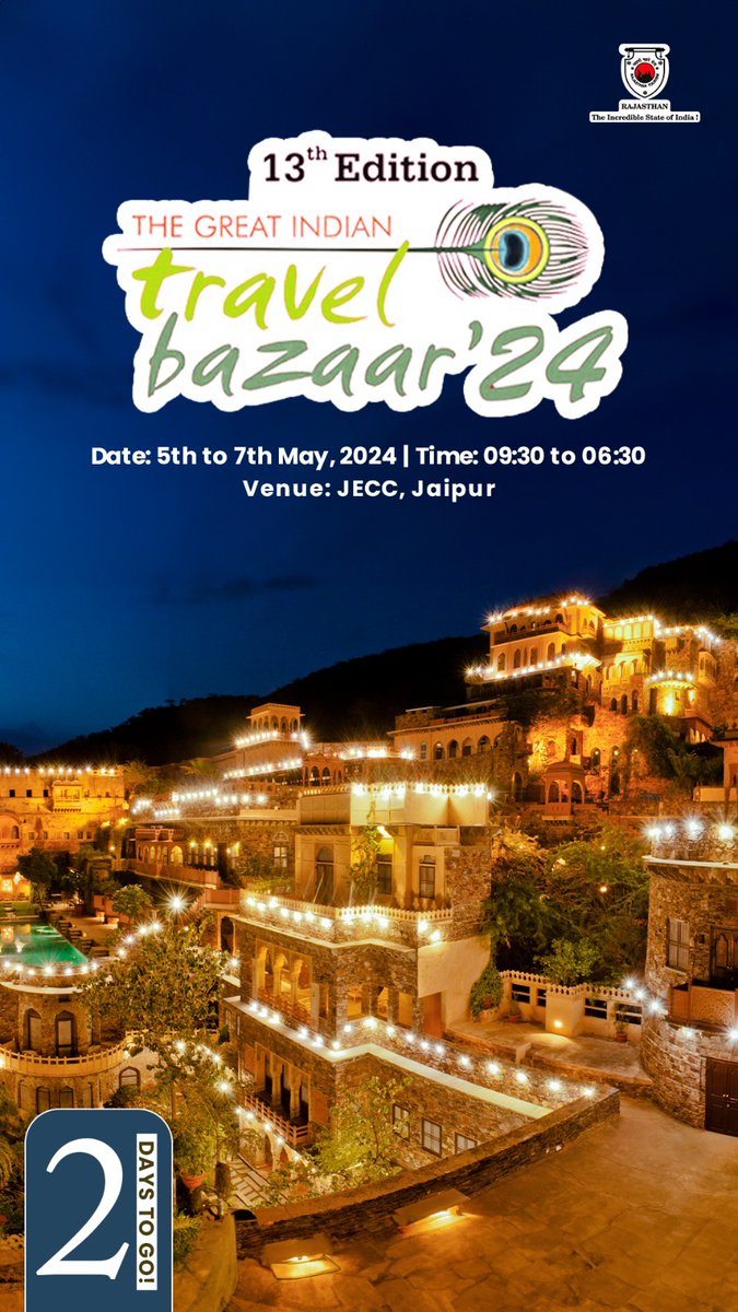 Take the chance to network and collaborate at GITB in Jaipur from May 5th to 7th. Register today!
Only 2 Days to Go!

 #GreatIndianTravelBazaar #GITB #Jaipur #ExploreRajasthan #TravelRajasthan #RajasthanTourism #Rajasthan