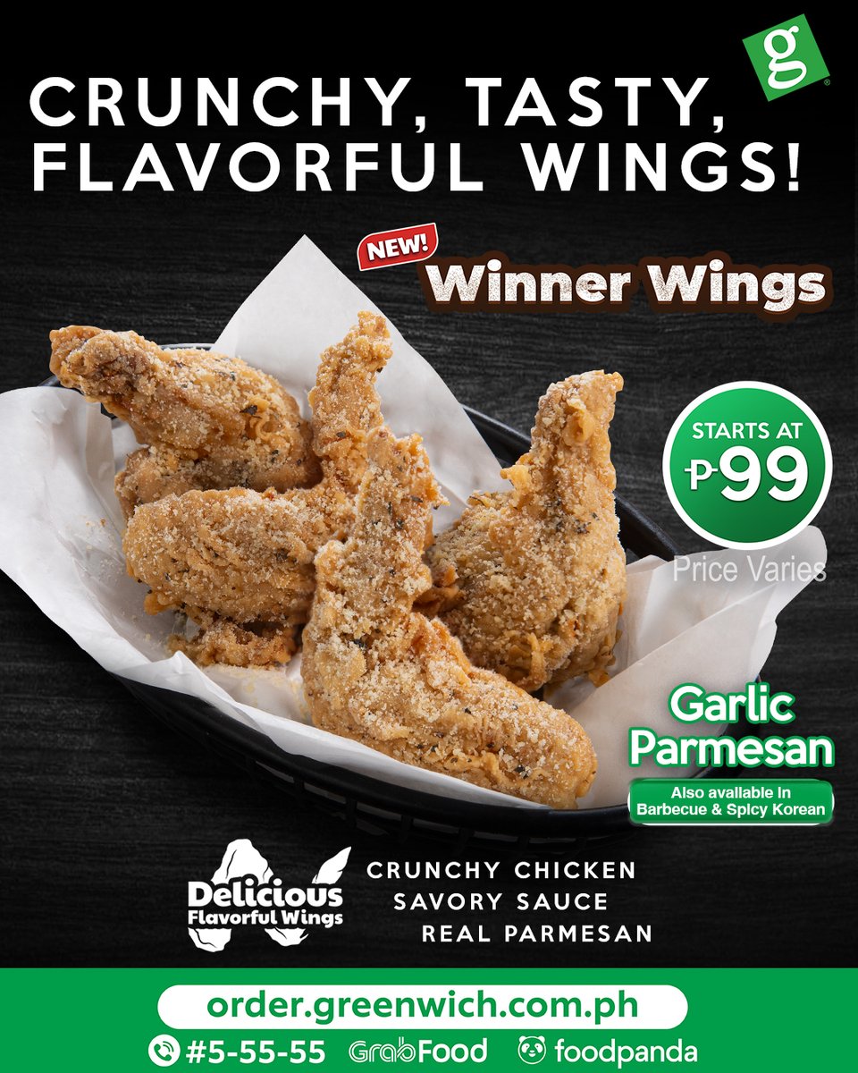 Crunchy! Juicy! Super flavorful! #GreenwichWinnerWings are back—now starting at only P99! 🏆 Available in 3 flavors: Garlic Parmesan, Barbecue, and Spicy Korean. 🤩 These are available at all Luzon stores starting May 3, 2024, and at all VisMin stores starting June 5, 2024.
