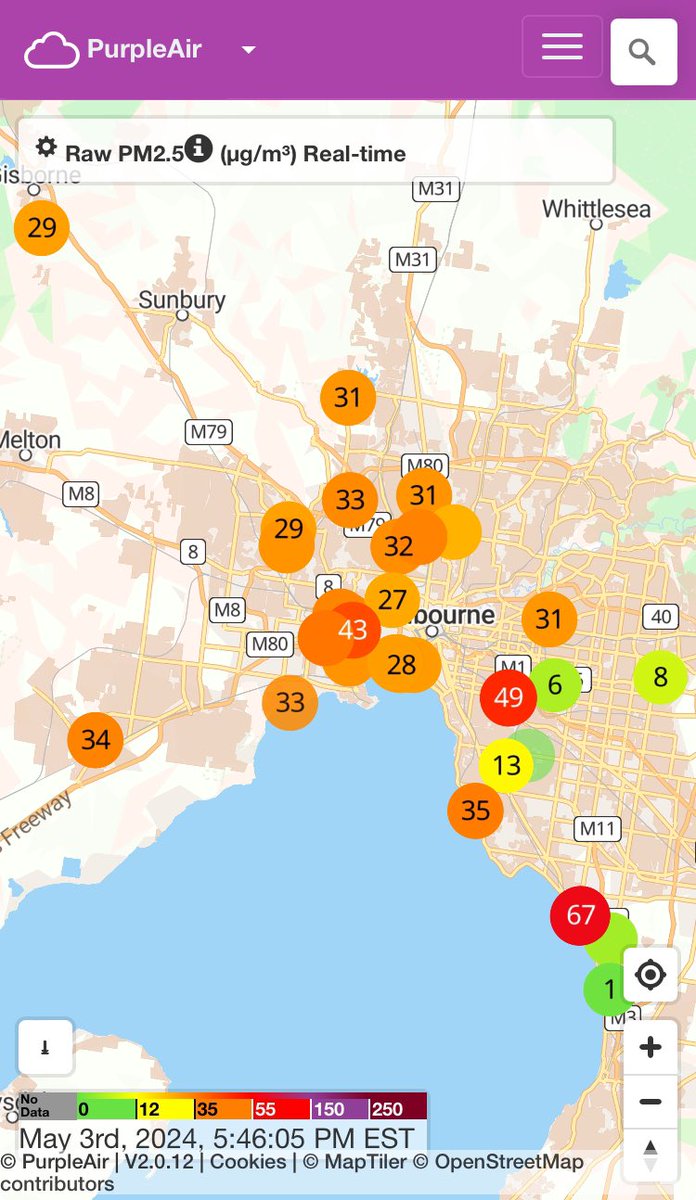2 solid days of high particle pollution from wood heaters & planned burns smoke #airpollution across a city of millions of people, and beyond What levels of harm is this causing?!