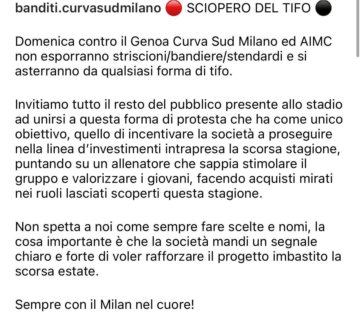 #Milan - La Curva Sud sciopererà nel match di domenica contro il #Genoa: “Invitiamo il resto del pubblico a unirsi a questa forma di protesta, con l’obiettivo di incentivare la società a proseguire linea investimenti della scorsa stagione, sempre con il #Milan nel cuore”. 📢🔴⚫️