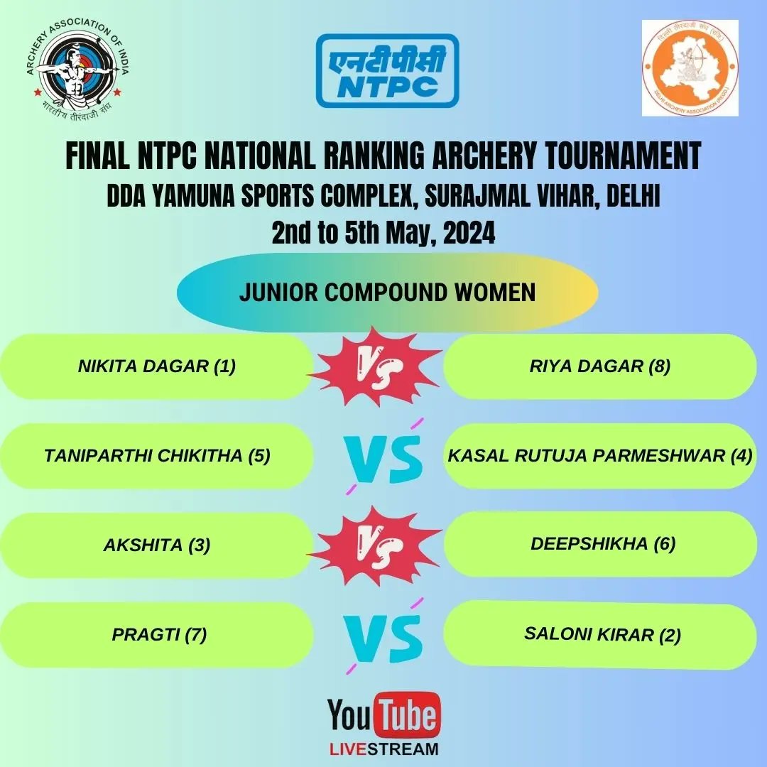 Junior Compound Matches Schedule of Final NTPC National Ranking Archery Tournament (NRAT) - 2023 at DDA Yamuna Sports Complex,Delhi Title Sponsor : @ntpclimited #IndianArchery #NTPCArchery #NTPCNational #nationalranking #ntpctournament #NRAT #dda #yamunasportscomplex🏹 #Delhi