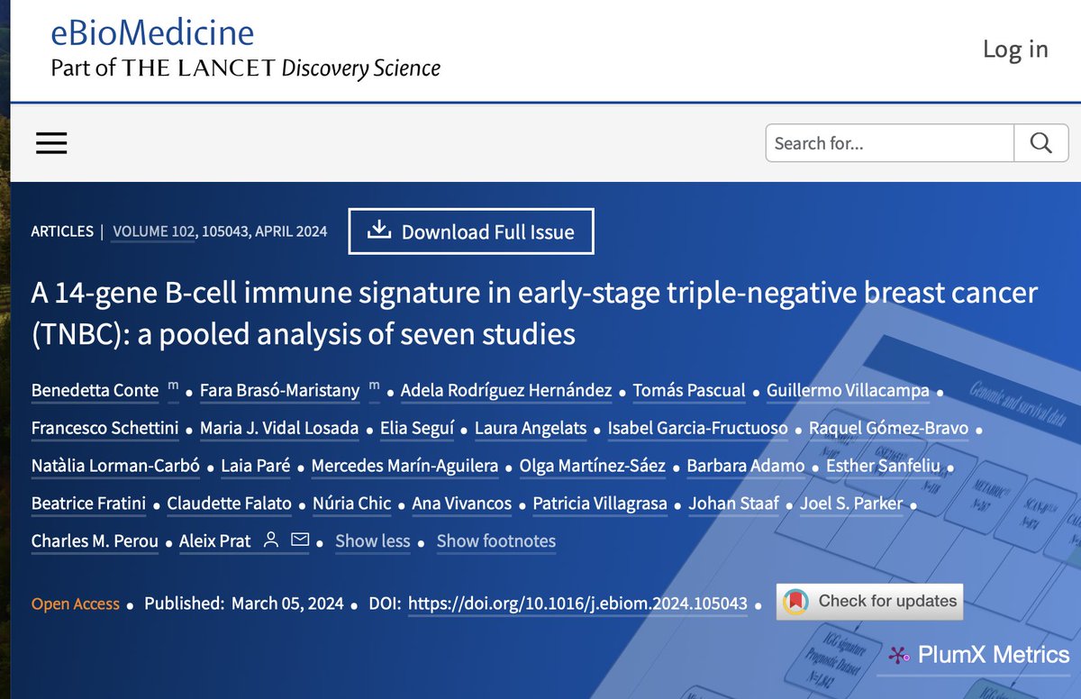 Just out 🚨on @eBioMedicine Study explores the potential of a B-cell/immunoglobulin signature (IGG), alone or combined with tumor burden, to predict prognosis and treatment response in early-stage triple-negative #BreastCancer ➡️ indicating its promise in guiding personalized…
