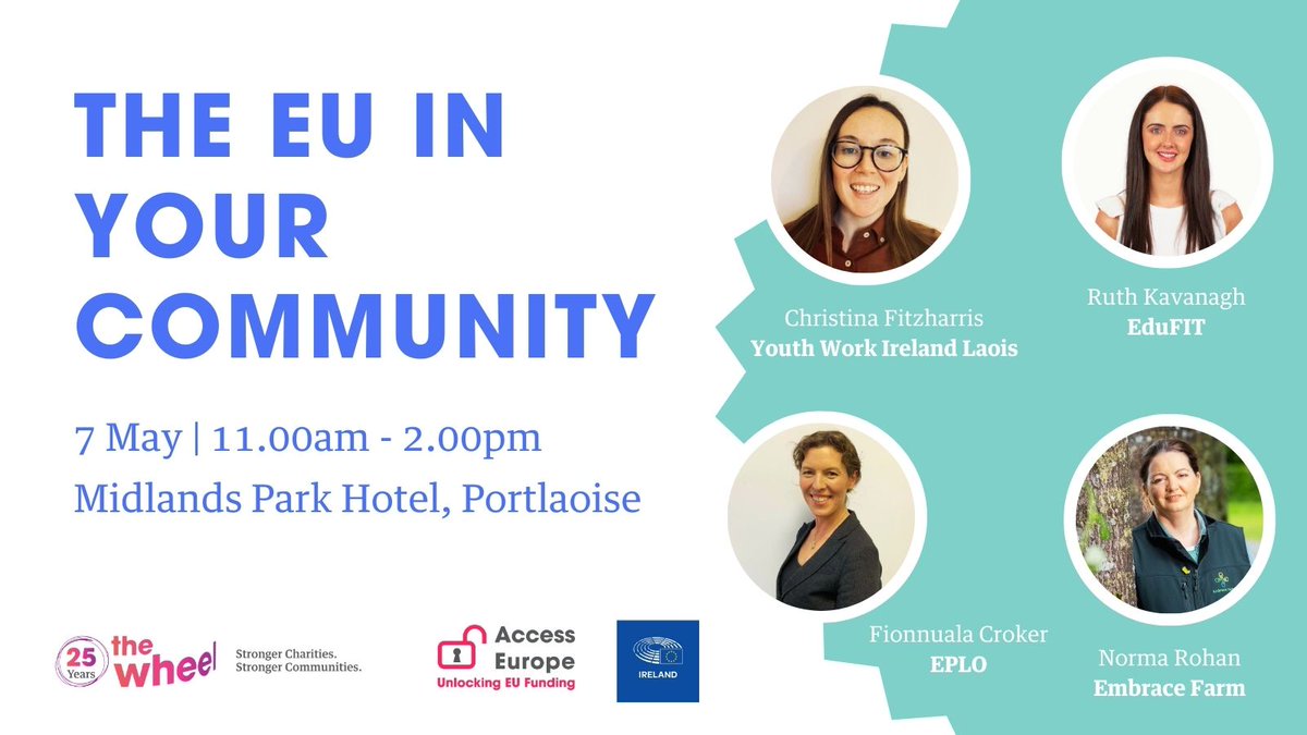 🇪🇺🇮🇪What's the #EU doing in your community? 💶Interested in #EUfunding opportunities from @EUErasmusPlus @LIFEprogramme @EUJTF_ie ? 👋Join us in #Portlaoise on 7 May! 📢With @EPinIreland & speakers from @EduFITireland @EmbraceFARM @ywirl 👉wheel.ie/training/2024/…