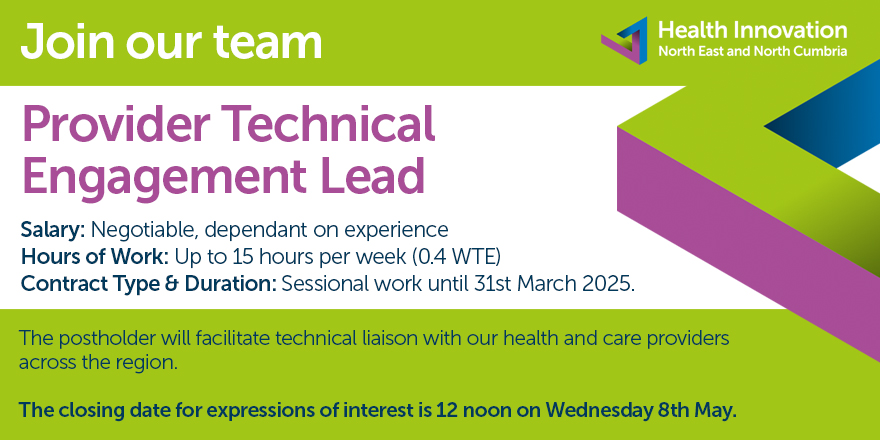 We're hiring! HI NENC is seeking to appoint a Provider Technical Engagement Lead to be part of Secure Data Environment (SDE) Programme.

Please submit your expression of interest before 12 noon on Wednesday 8th May.

Find out more and apply ⬇️
healthinnovationnenc.org.uk/who-we-are/joi…