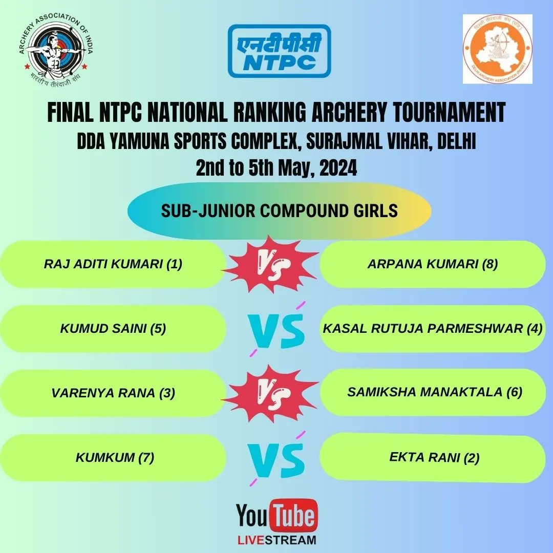 Sub-Junior Compound Matches Schedule of Final NTPC National Ranking Archery Tournament (NRAT)-2023 at DDA Yamuna Sports Complex,Delhi Title Sponsor : @ntpclimited #IndianArchery #NTPCArchery #NTPCNational #nationalranking #ntpctournament #NRAT #dda #yamunasportscomplex🏹 #delhi