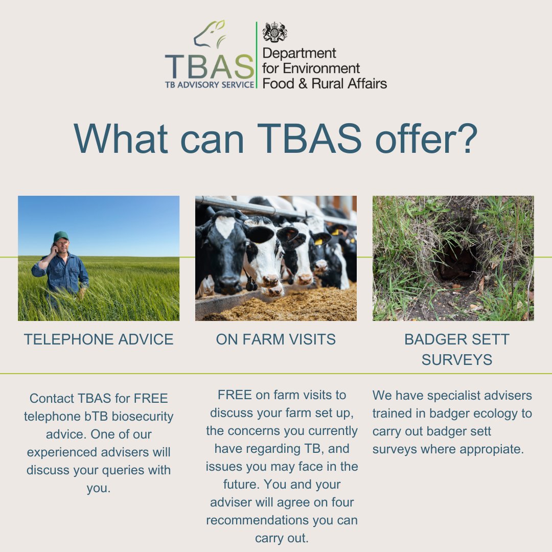 What can TBAS offer? If you are a keeper of a TB susceptible species in England with a valid CPH number, we can offer you FREE over the phone advice, FREE on farm visits, badger sett surveys and personalised recommendations. ​ #btb #FREE #visits #controlthecontrollable