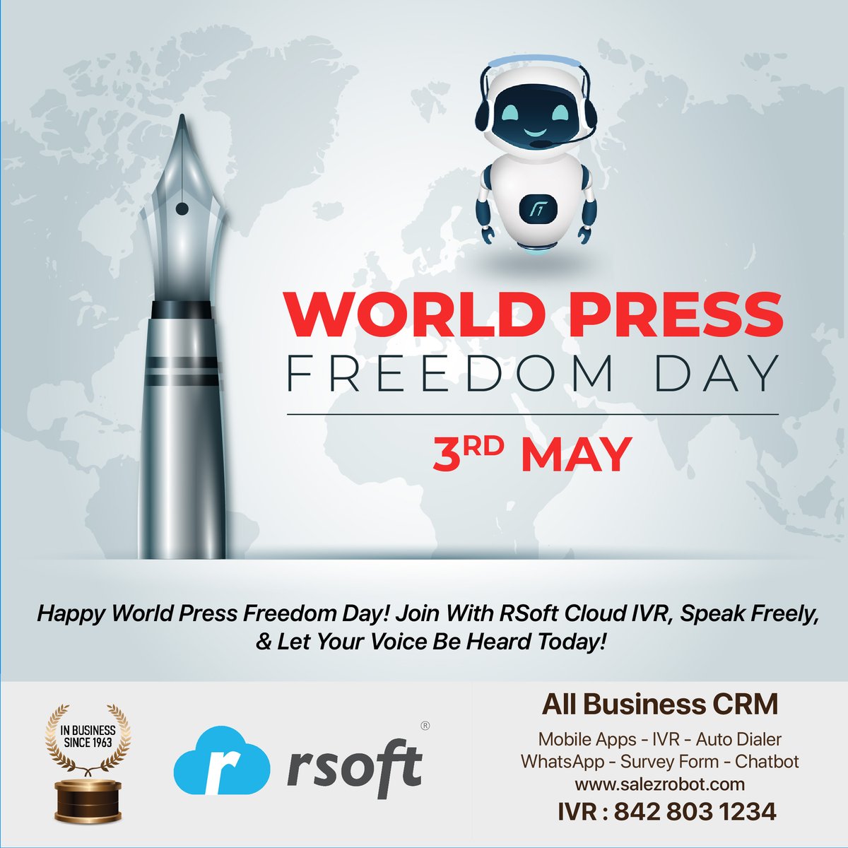 🎉 Happy World Press Freedom Day! 📰🌍 Today, let's celebrate the fundamental principles of a free press and the vital role it plays in democracy. 

🗣️ #PressFreedom #SpeakYourMind #WorldPressFreedomDay 

Signup Your Free Demo Call 842 803 1234 Visit salezrobot.com