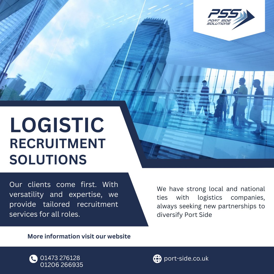 With expertise & versatility, we provide tailored recruitment services for all roles. Plus, we're constantly expanding our network to offer diverse opportunities

01473276128
01206266935
Port-side.co.uk 

#ClientFirst #TailoredRecruitment #LogisticsIndustry #HiringSuccess