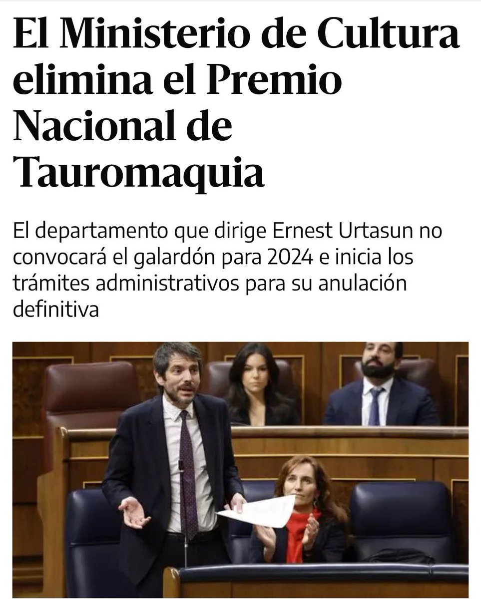 El Ministerio de Cultura de Ernest Urtasun elimina el Premio Nacional de Tauromaquia “para ir al compás de los tiempos”. El gobierno de Zapatero lo creó y lo añadió a Bellas Artes, Teatro, Música… para reconocer los toros como una “disciplina artística” eldiario.es/cultura/minist…