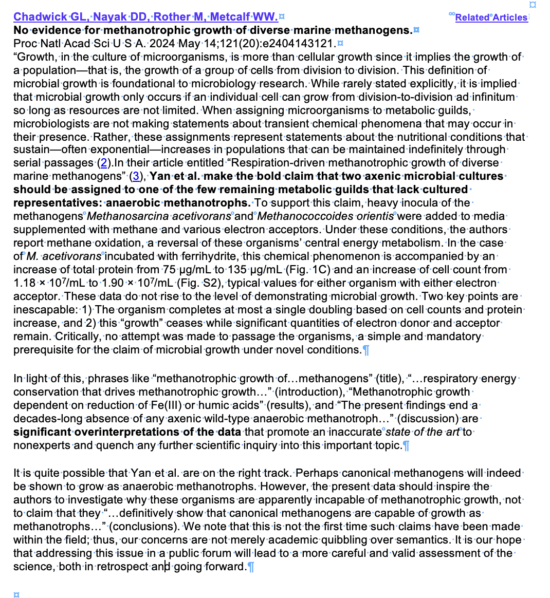 No evidence for #methanotrophic growth of diverse marine #methanogens. Commentary on the bold claims that #Methanosarcina may grow by reversing methanogenesis with various e-acceptors doi.org/10.1073/pnas.2…