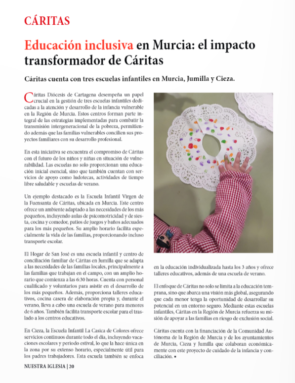 Esta semana, en NUESTRA IGLESIA, el impacto transformador de Cáritas a través de sus tres escuelas infantiles. Puedes leer este 📄 artículo y la 📷 revista completa en diocesisdecartagena.org/nuestra-iglesi…