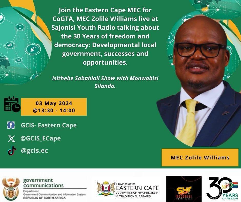 Radio Interview Alert! We are continuing with our community radio talks on 30 Years of Democracy and Freedom, today @ 13:30 we will be live on Sajonisi Youth Radio with the MEC for CoGTA in the Eastern Cape. #30YearsOfDemocracy