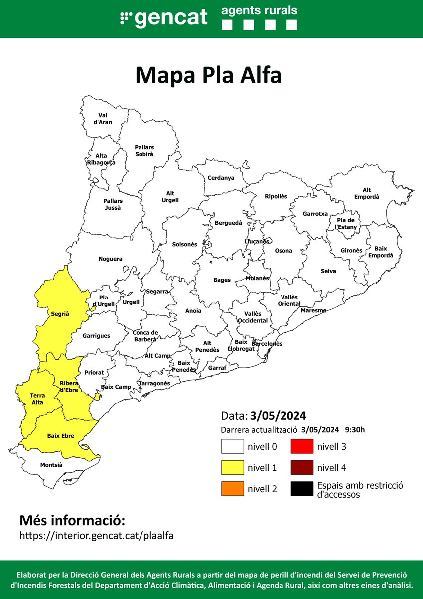 🔴Aquest és el mapa del #PlaAlfa per avui, dia 03/05/2024 📍Consulta el mapa interactiu per conèixer quin nivell hi ha activat al teu municipi o a la teva comarca⤵️