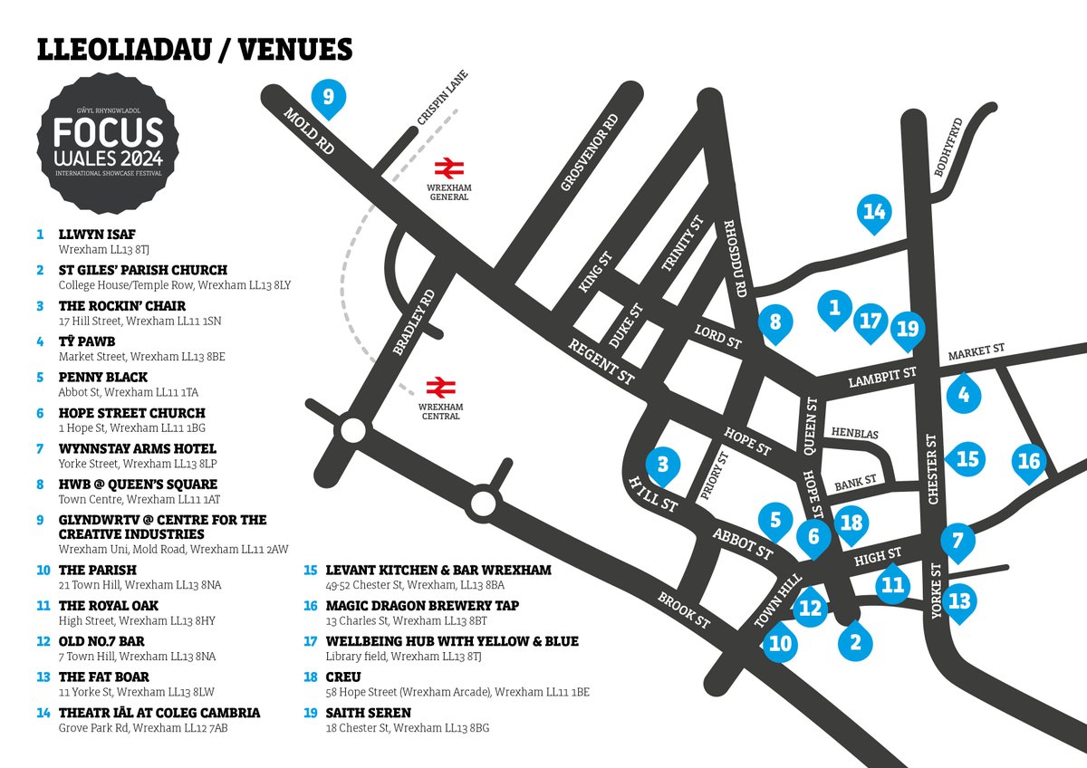 🎪 LLEOLIADAU : VENUES at FOCUS Wales 2024 🧭 19 locations and 22 stages! Including a secret stage to be revealed in the festival app 🤐 focuswales.com