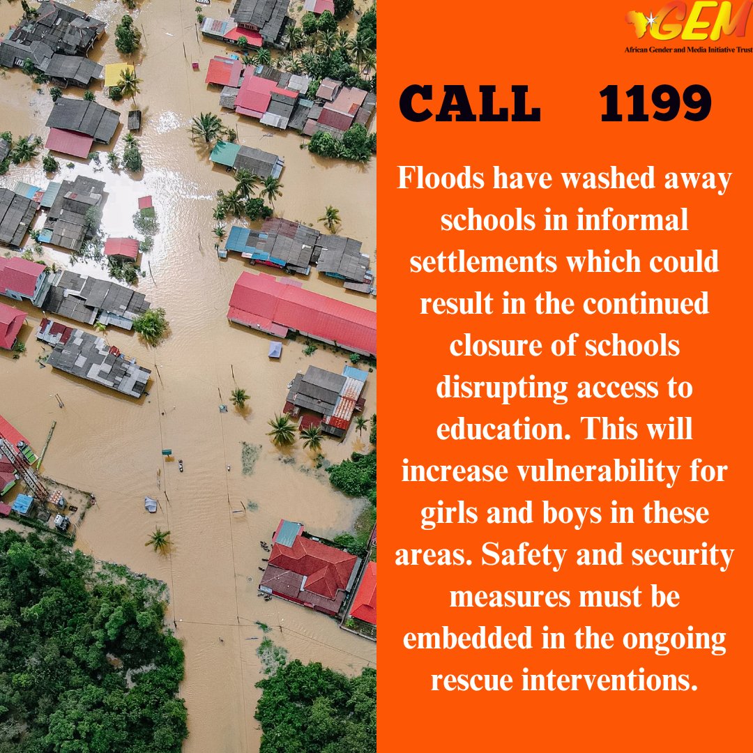 Floods have washed away schools in informal settlements which could result in the continued closure of schools disrupting access to education. This will increase vulnerability for girls and boys in these areas. Safety and security measures must be embedded in rescue interventions