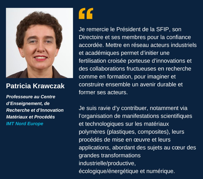 Patricia Krawczak, Professeur @IMTFrance au Centre Matériaux & Procédés d'@IMT_NordEurope, élue au Bureau de la Société Française des #Ingénieurs des #Plastiques #SFIP
ℹ️ recherche.imt-nord-europe.fr/actualites/pat…

#WomenInEngineering #WomenInScience #WomenInSTEM #WomenInComposites #WomenInPlastics