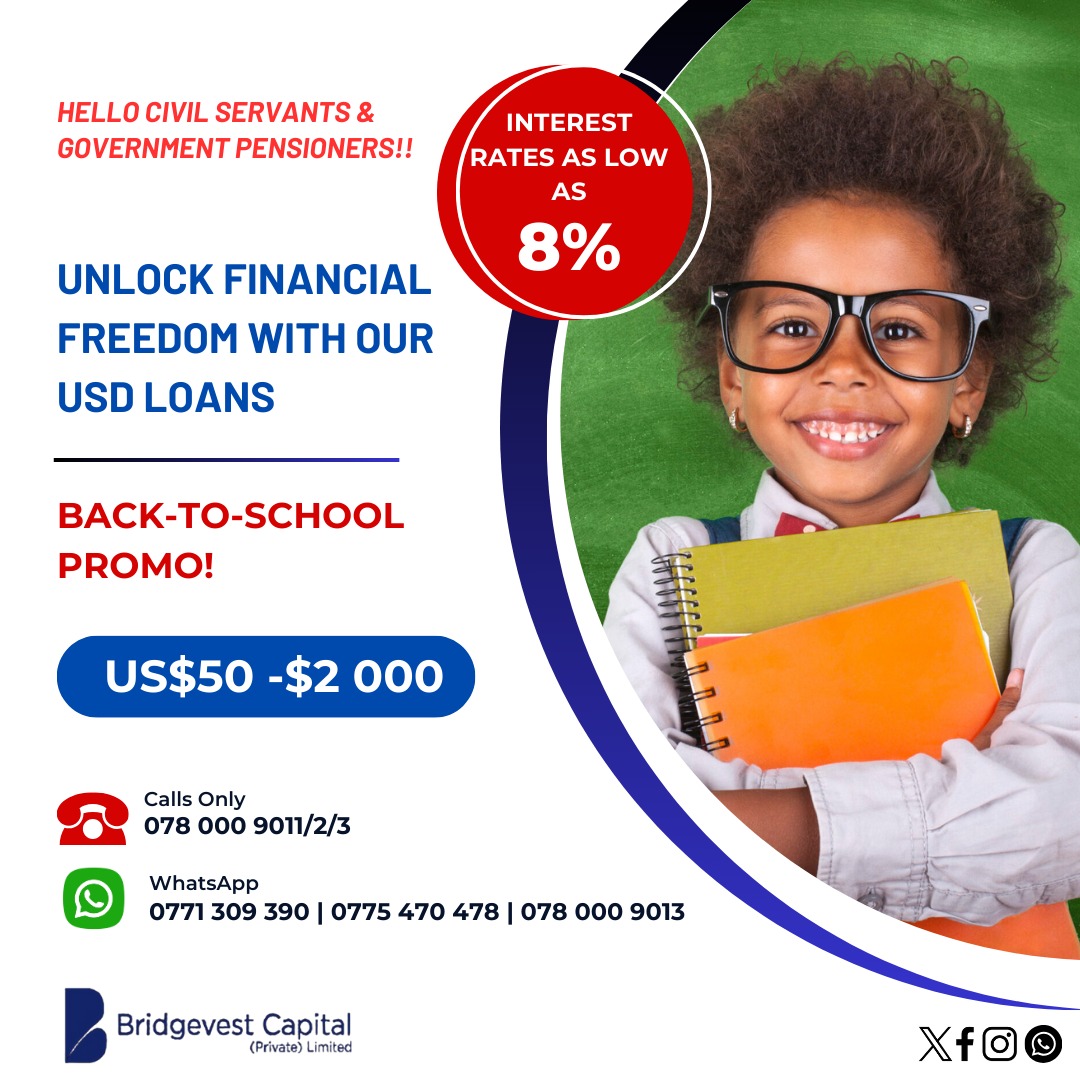 Unlock financial freedom with @bridgevestzw . Interests rates are as low as 8%. Call them today.