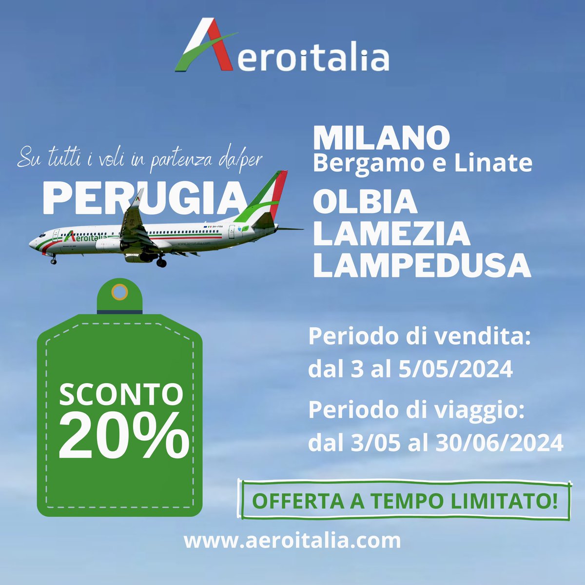 Su tutti i voli da/per #perugia ↔️ destinazione: 
🟢 #milanobergamo 
🟢 #milanolinate 
🟢 #olbia 
🟢 #lamezia 
🟢 #lampedusa 
𝗦𝗰𝗼𝗻𝘁𝗼 𝟮𝟬%! 
Prenota: 𝗱𝗮𝗹 𝟯 𝗮𝗹 𝟱/𝟬𝟱
Viaggia: 𝗱𝗮𝗹 𝟯/𝟬𝟱 𝗮𝗹 𝟯𝟬/𝟬𝟲
SCADE: Dom 5/05
👉𝘄𝘄𝘄.𝗮𝗲𝗿𝗼𝗶𝘁𝗮𝗹𝗶𝗮.𝗰𝗼𝗺 e 𝗔𝗽𝗽