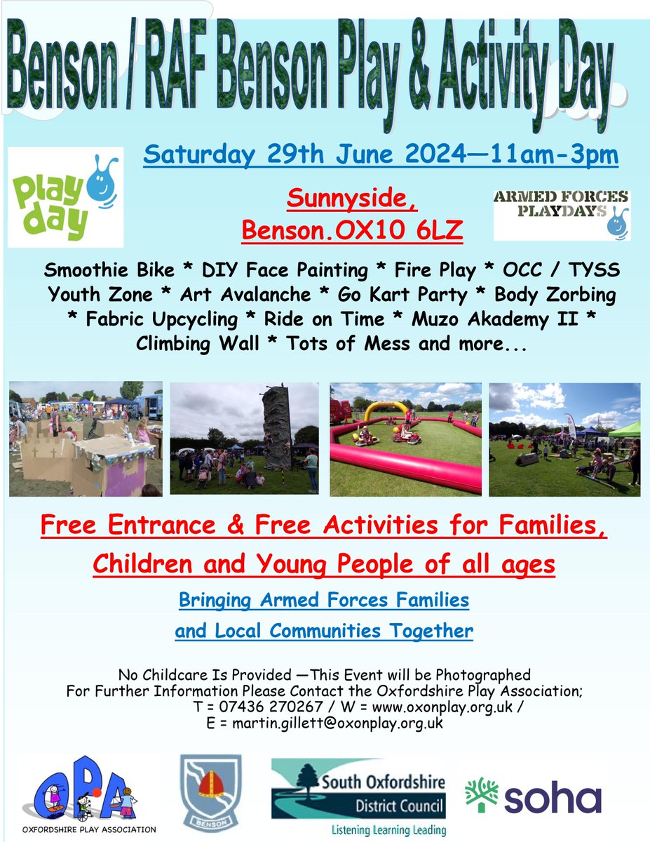 We will be at Sunnyside for our Benson / RAF Benson Playday on Saturday 29th June - FREE Entrance & FREE Activities - See You There! @RAFBensonHIVE @RAFBensonSchool @RAFBenson @SohaHousing @SouthOxon @BensonParish @actsoxfordshire