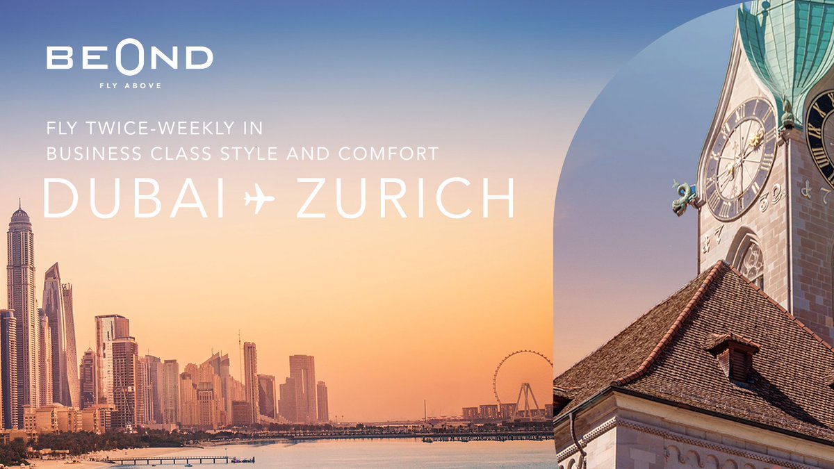 Now flying: Dubai ✈️ Zurich. Fly in business class style and comfort twice weekly on Tuesday and Friday. Book on bit.ly/4aKqvlc⁣ and enjoy attractive fares starting from AED 8,100 from Dubai and CHF 1,999 from Zurich return. #experiencenew #experiencebeond #flybeond