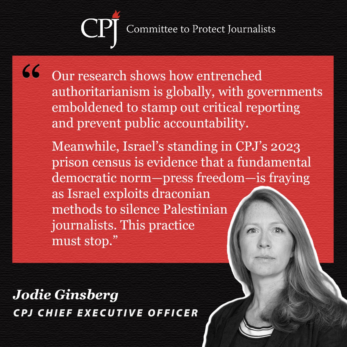 ⚡️ Our research shows how entrenched authoritarianism is globally, with governments emboldened to stamp out critical reporting and prevent public accountability. Read our report on journalists imprisoned worldwide in 2023: cpj.org/2024/01/israel…