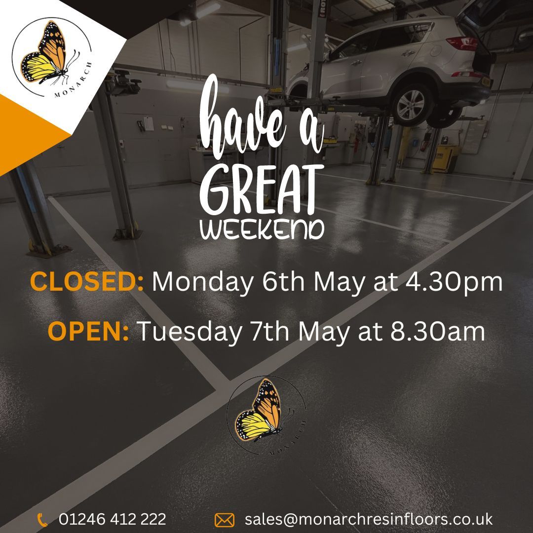 With the May Day #BankHoliday approaching, please note that #MonarchResinFloor will be CLOSED on Monday 6th May. We will be open as normal on Tuesday 7th May.

We hope everyone has a great weekend and Bank Holiday Monday! 😎 #OpeningTimes #ClosureNotice #ResinFlooringUK #Epoxy