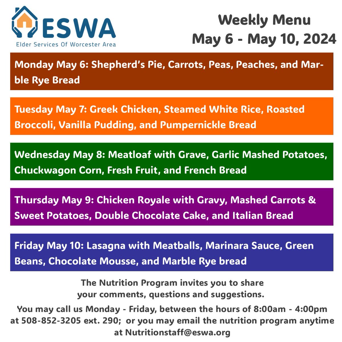 Here's the menu for next week, Monday, May 6 -Friday, May 10, 2024. What are you looking forward to eating?

Please note menu is subject to change. 
#MealsOnWheels #WorcesterMA #CentralMass