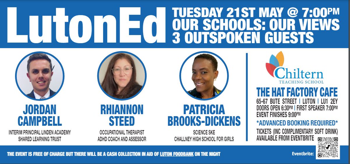 Our next LutonEd event is fast approaching and we have three amazing and outspoken speakers talking about inclusion, labels, and the future of education. 🤳Use the QR code to book your ticket! @Pattybee23 @OTRhiannonS @JOCampbell1