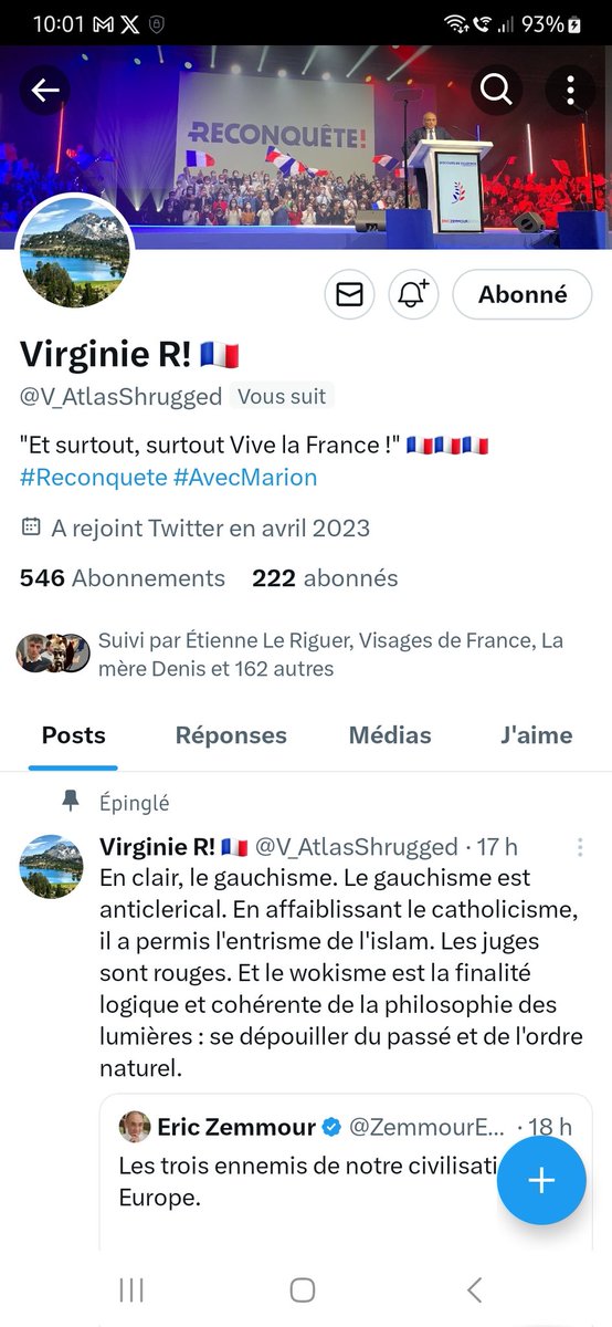 @V_AtlasShrugged est une patriote à suivre. Élie est Reconquête et çà me suffit. Comme elle débute elle a besoin d'un petit coup de pouce. On s'abonne et on Rp pour élargir sa visibilité. FB garanti ? Ensemble nous sommes plus forts. Merci par avance et surtout, vive la France