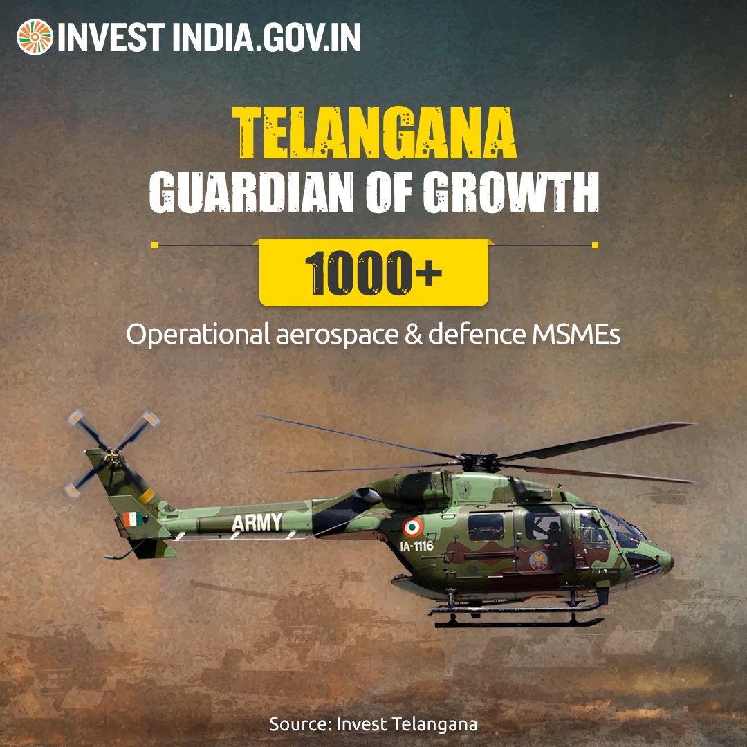 Fueling innovation & collaboration, #Telangana's #aerospace & #defence ecosystem boasts abundant skilled manpower, a robust defence cluster, & multiple aerospace parks, setting the stage for unprecedented growth & development. Know more: bit.ly/II-telangana #InvestInIndia