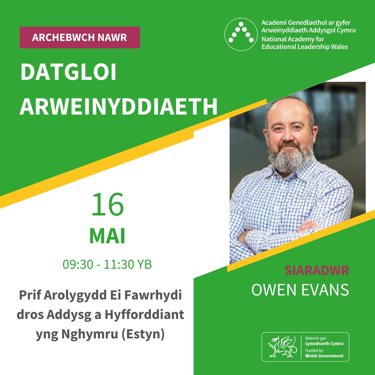 Ymunwch â'r #AcademiArweinyddiaeth ar ddydd Iau 16 Mai ar gyfer ein gweminar #DatgloiArweinyddiaeth diweddaraf gydag Owen Evans, Prif Arolygydd Ei Mawrhydi dros Addysg a Hyfforddiant yng Nghymru.

Am fwy o wybodaeth ewch i ow.ly/ipw550RiNgG 

@EstynAEF
@OwenEvansEstyn