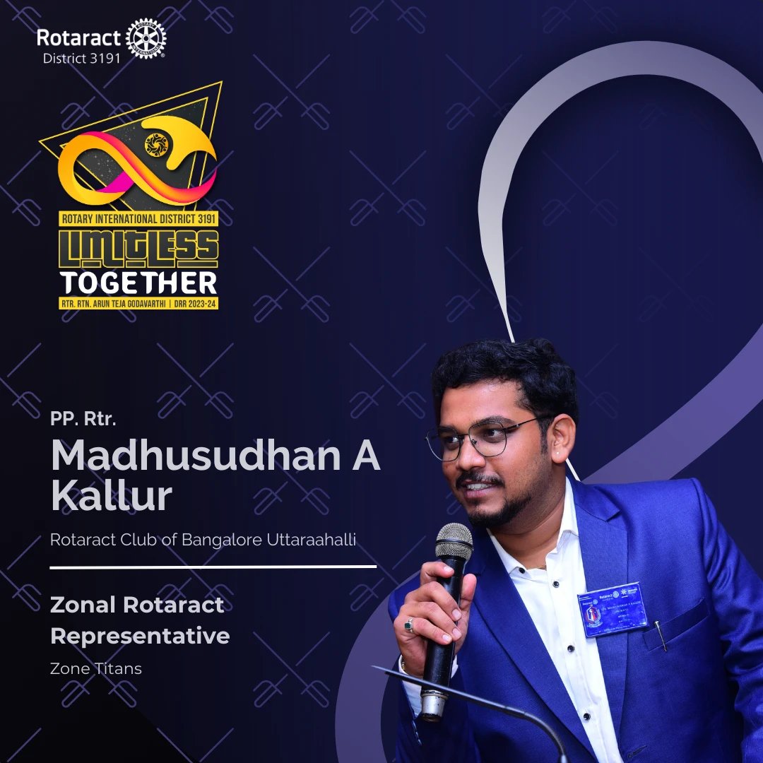 rotaract3191's tweet photo. The Zonal Rotaract Representative of Zone Titans for the year!!! ✨

👨🏻💼 IPP Rtr. Madhusudhan A Kallur 👨🏻💼

We wish him great success and zeal in his new role! ⚡⚡

#LimitlessTogether
#TeamLimitless
#Rotaract3191 https://t.co/S6khW8siSI