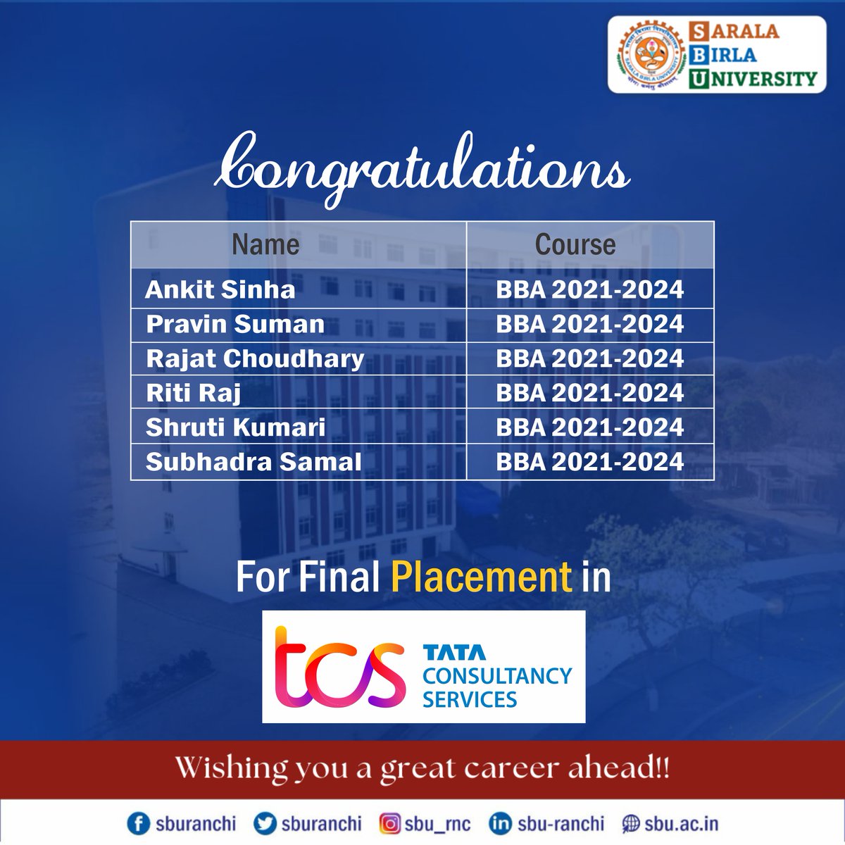 Congratulations to all selected candidates from BBA 2024 passing out batch for their final placement in TCS
Wishing all a great career ahead.
#sbu #sburanchi #placementdrive #tcs