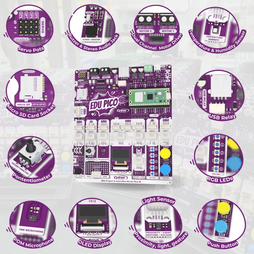 cytrontech's tweet photo. 🤔Why settle for multiple boards when you can have it all with EDU PICO! 🌟 

It's all-in-one convenience makes learning a breeze. Plus, it seamlessly integrates with Raspberry Pi Pico &amp; Pi Pico W. Embrace simplicity, elevate learning! 

#EDUPICO 
#CytronTech
#RaspberryPi https://t.co/cWXP0aBa9s