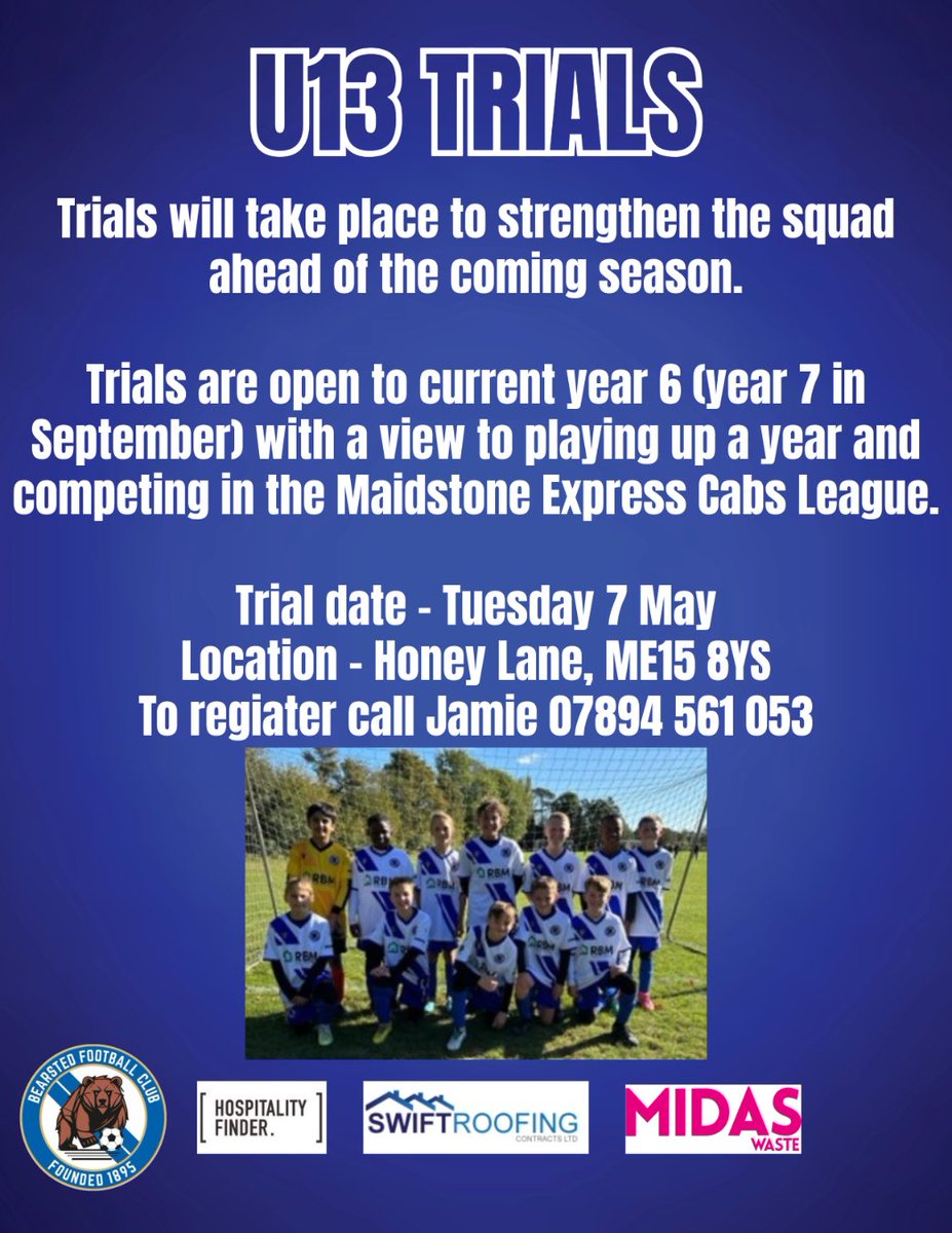 U13 trials this week get in touch if you are in current year 6 and wish to take part #bearstedfc #bears #trials