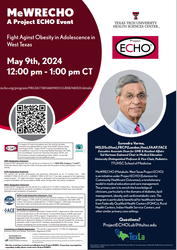 Join Dr. George and Dr. Varma @TTUHSC @CenterTexla @ProjectECHO Event: Fight Against Obesity in Adolesence in West Texas  @texasgov   on May 9, 2024 12-1 PM with free CME credits @TheNCTRC